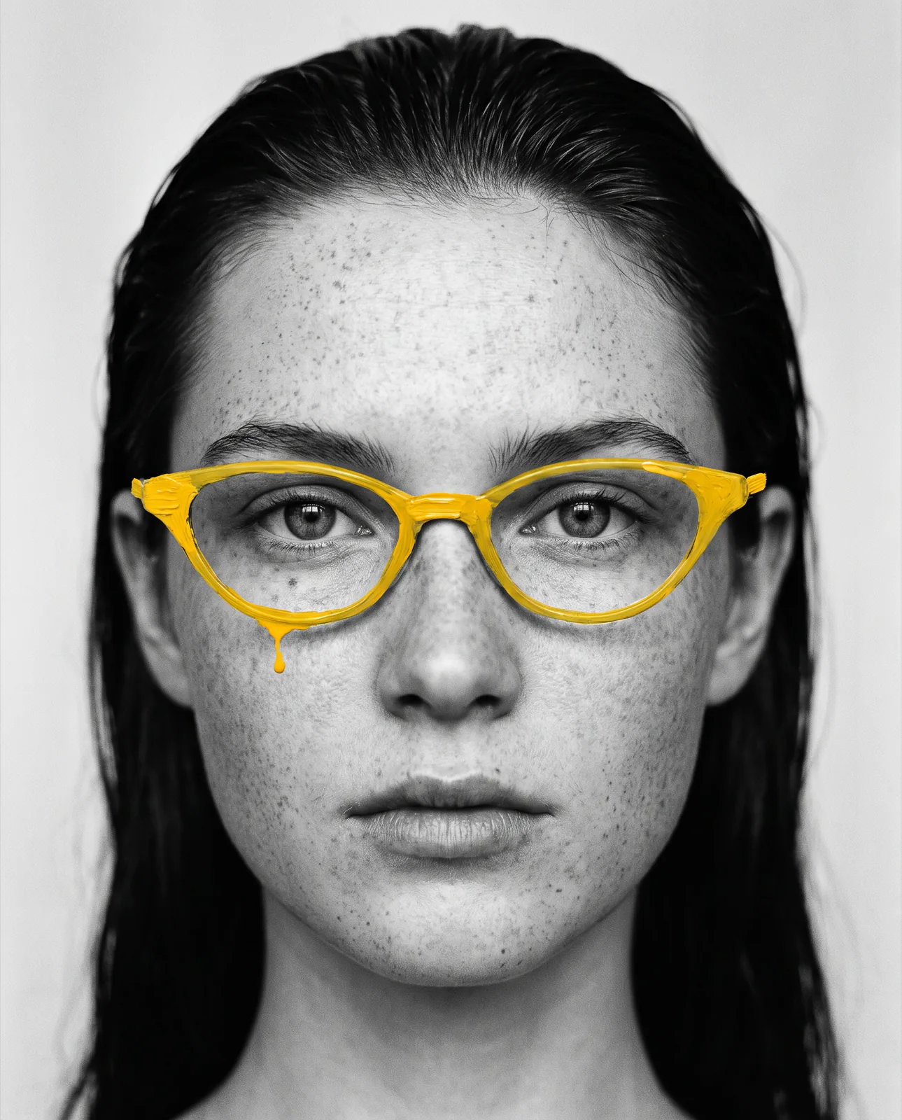 Grijswaardenportret van een vrouw met cat-eye-bril in gele verf geschilderd over de ogen